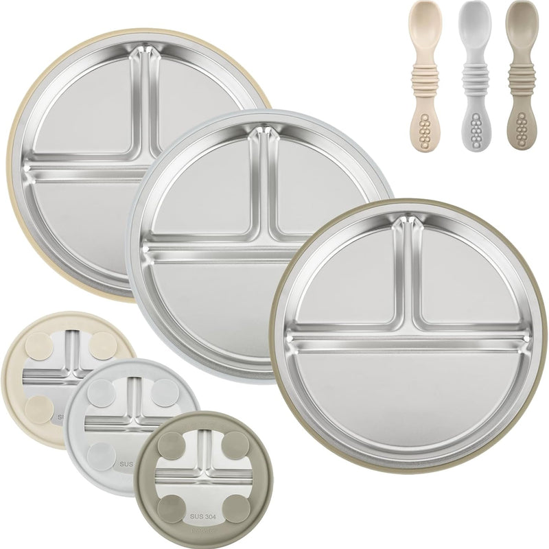 PandaEar 3 Pack Stainless Steel Baby Suction Plates, Divided Toddler Plate for Baby Led Weaning Supplies, Non-Slip Toddler Baby Feeding Set Dishwasher Safe (Pink/Linen/Light Pink)