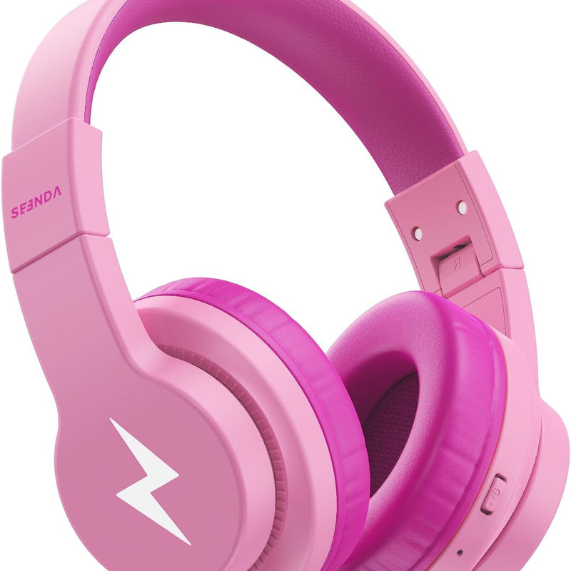 seenda JCH-01 Kids Bluetooth Headphones, 85/94dB, 3 Light Modes,Black&Blue | 75H playtime, soft padded fit, mic & AUX cord, stickers & doodle fun kids love; Wireess Headphones for school, travel, iPad.