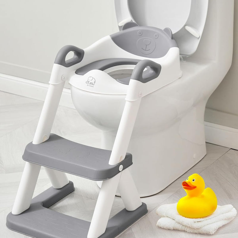 Forbena Potty Training Toilet Seat with Step Stool Ladder, Toddler Kids Potty Seat for Boys Girls, Non Slip Foldable Toilet Training Seat with Soft Cushion, Comfortable Handles (White-Grey)