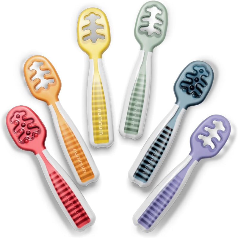 NumNum Baby Spoons Self Feeding 6 Months, 6-Pack Rainbow | First Stage Silicone Pre Spoon Utensils For Baby Led Weaning, BPA Free Baby Feeding Essentials, Dishwasher Safe