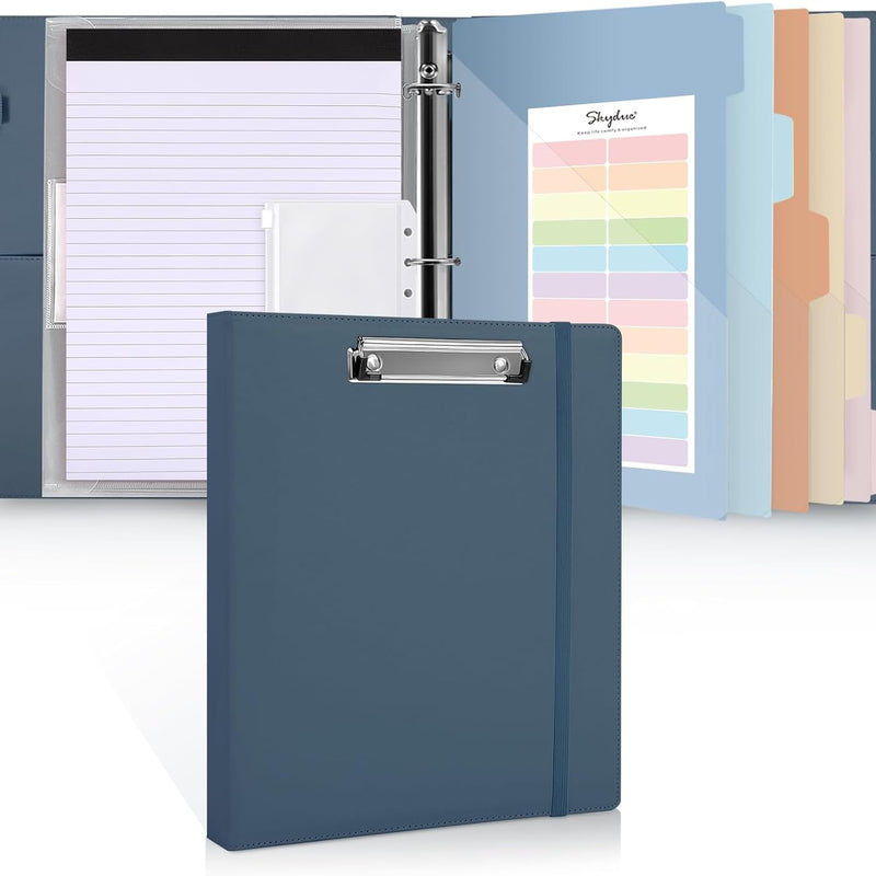 SKYDUE 3 Ring Binder with Clipboard, 13.2" × 10.2" Faux Leather 1 Inch Binder Organizer with 5 Pocket Dividers, Notepad, Labels & 2 Storage Pockets for Teachers, Students, Nurses & Office Work
