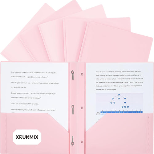 Two-Pocket-Folders with 3 Prongs, Letter Size Plastic Folders with Pockets and Prongs, Poly Plastic Folders for Office & School. 6 Pastel Colors (Pink - 6 Packs)