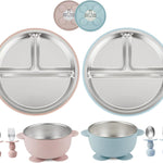 PandaEar 8PCS Baby Feeding Set | Stainless Steel Suction Plates and Bowls with Silicone Fork and Spoon Utensils | Baby Led Weaning Tableware for Toddlers & Kids (Tan & Walnut)