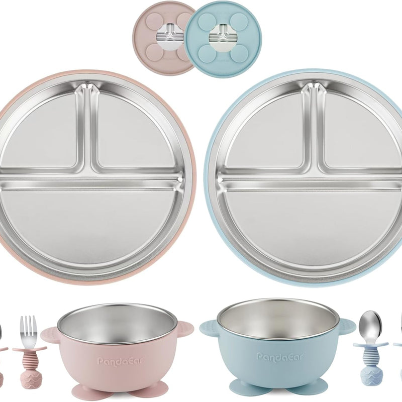 PandaEar 8PCS Baby Feeding Set | Stainless Steel Suction Plates and Bowls with Silicone Fork and Spoon Utensils | Baby Led Weaning Tableware for Toddlers & Kids (Tan & Walnut)
