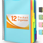 Forvencer 12 Pocket Project Organizer, 1/6-cut Tab Binder Organizer with Sticky Labels, Multi Pocket Folder with Zipper Pouch, Folder Binder Spiral Pocket Notebook, Office Supplies, Letter Size, Pink
