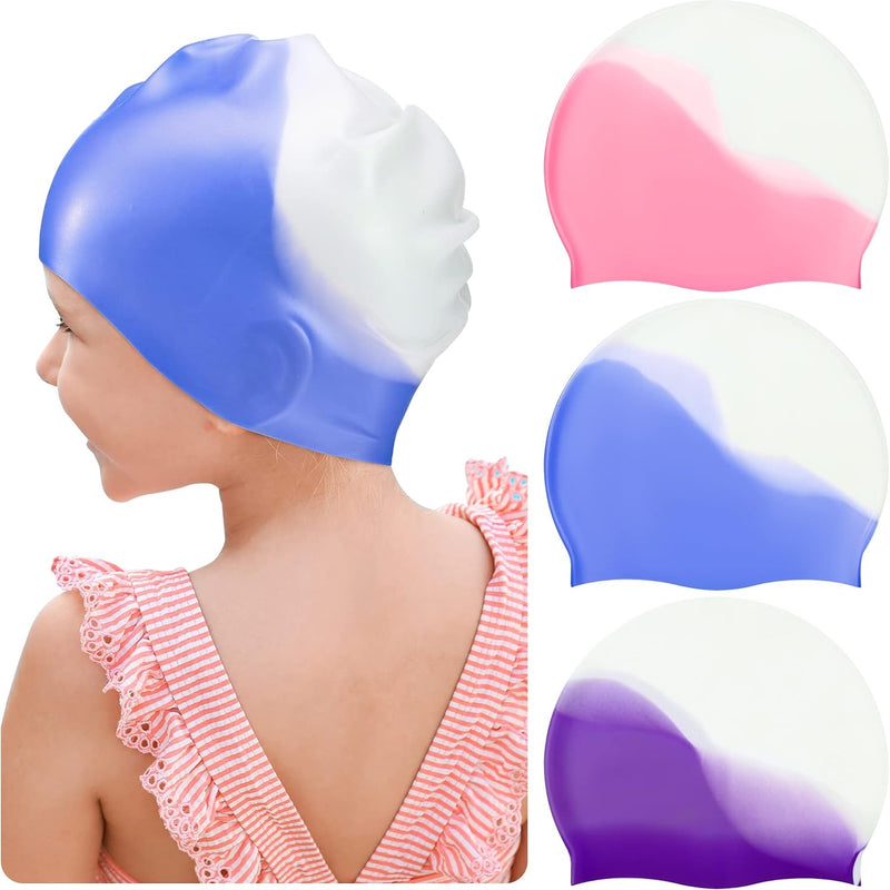 Zhanmai 3 Pieces Kids Swim Caps for Girls Boys Age 4-16 Silicone Swimming Cap Long Hair Teens Youths with Long Curly Hair Braids Dreadlocks Large Waterproof Pool Swim Hat