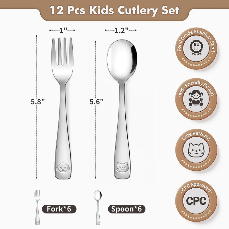 12Pcs Stainless Steel Toddler Utensils Small Metal Kids Silverware | Food-grade, Ideal Transitional Baby Forks and Spoons, Cute pattern, Designed for Children, Dishwasher Safe, Mirror Polished