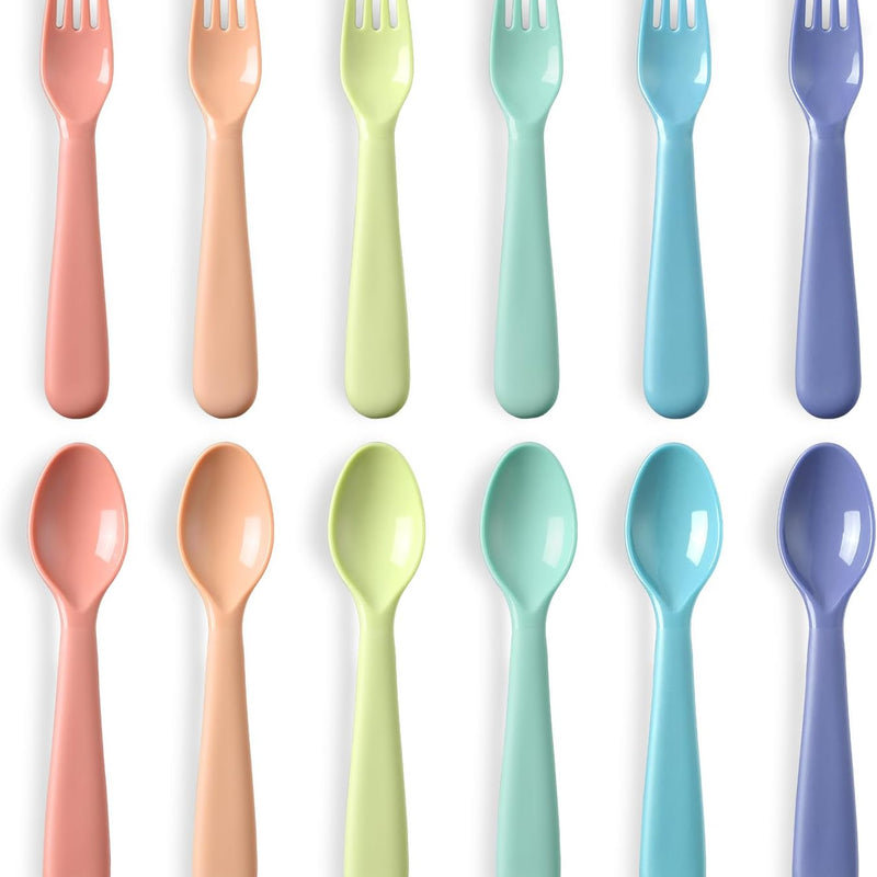 12 Pieces Toddler Utensils Set, Plastic Spoons and Forks Set for Kids, Children Safe Flatware, Plastic Reusable Cutlery, BPA Free, Dishwasher Safe