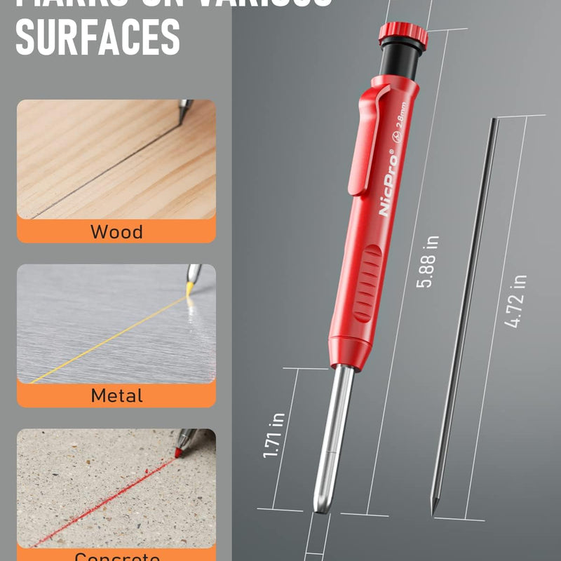 Nicpro Carpenter Pencil with Sharpener, Mechanical Pencils Set with 26 Refills, Deep Hole Marker for Construction, Heavy Duty Woodworking Tools for Architect (Black, Red) - With Case