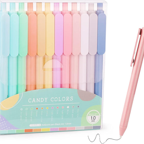WY WENYUAN 12-Pcs Ballpoint Pens, Comfortable Writing, Pastel Retractable Pretty Journaling, Black Ink Medium Point 1.0 mm Gift, Cute Office Supplies for Women