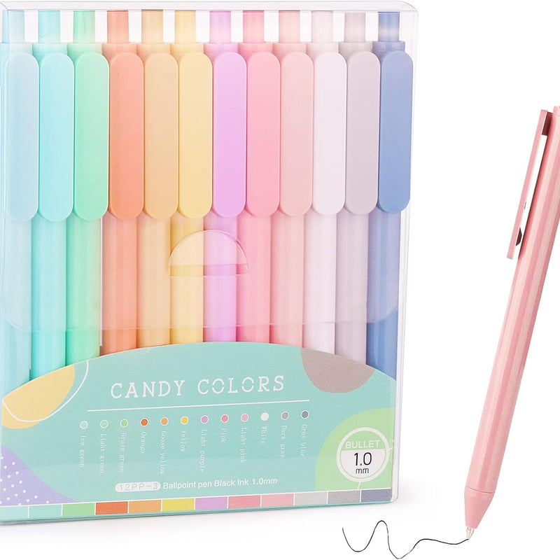 WY WENYUAN 12-Pcs Ballpoint Pens, Comfortable Writing, Pastel Retractable Pretty Journaling, Black Ink Medium Point 1.0 mm Gift, Cute Office Supplies for Women