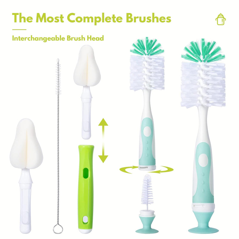 Baby Bottle Brush Kit with Suction Base, Hidden Cleaner & Sponge, Green | Suction baby bottle brush kit with hidden cleaner and sponge heads. Usage fit applies for compact bottles and cups.
