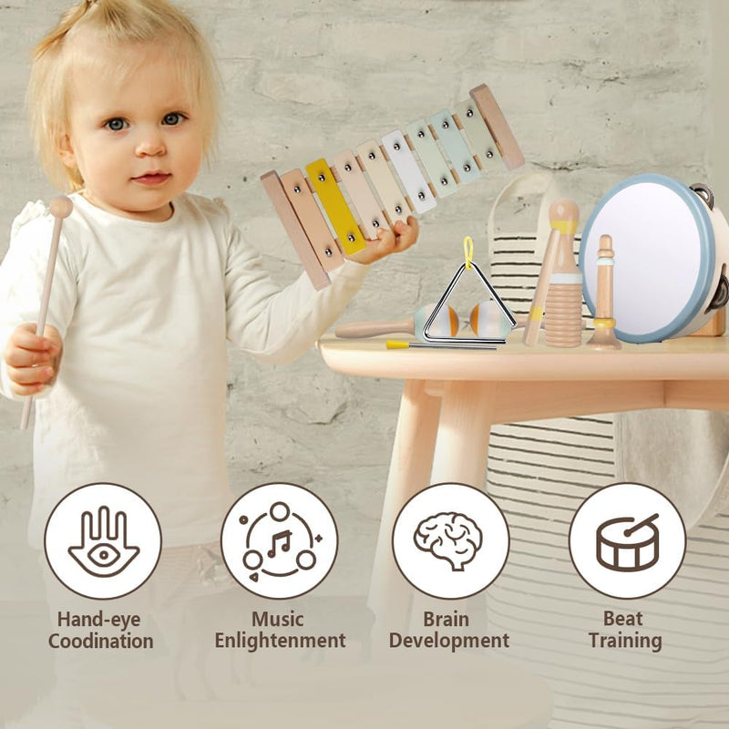Montessori Wooden Toys: Toddler Musical Instruments Set with Boho Xylophone, Safe for Kids 3+
