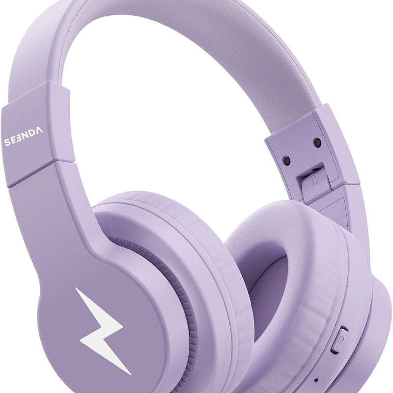 seenda JCH-01 Kids Bluetooth Headphones, 85/94dB, 3 Light Modes,Black&Blue | 75H playtime, soft padded fit, mic & AUX cord, stickers & doodle fun kids love; Wireess Headphones for school, travel, iPad.