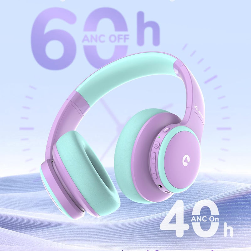 iClever BTH26 Active Noise Cancelling Headphones for Kids, 60H Playtime | SafeSound Tech 3.1, USB C Fast Charging, Bluetooth5.4, Kids Bluetooth Headphones, with Mic AUX Cord for iPad Airplane, Purple