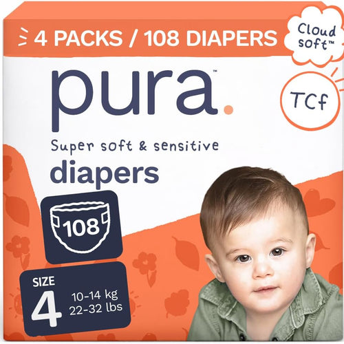 Pura Baby Diapers Size 4 (22-32 lbs) 108 Count Sensitive Skin | 12 Hour Leak Protection, New Blowout Blocker, Cloud Soft, Totally Chlorine Free*, Allergy UK Certified