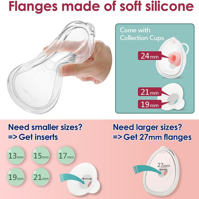 Nenesupply Handsfree Wearable Breast Milk Collection Cups Compatible with Spectra S1 S2 Baby Buddha Momcozy V1 Lansinoh Pumps 24mm Silicone Flanges Replacement for Spectra Pump Parts 19mm 21mm inserts