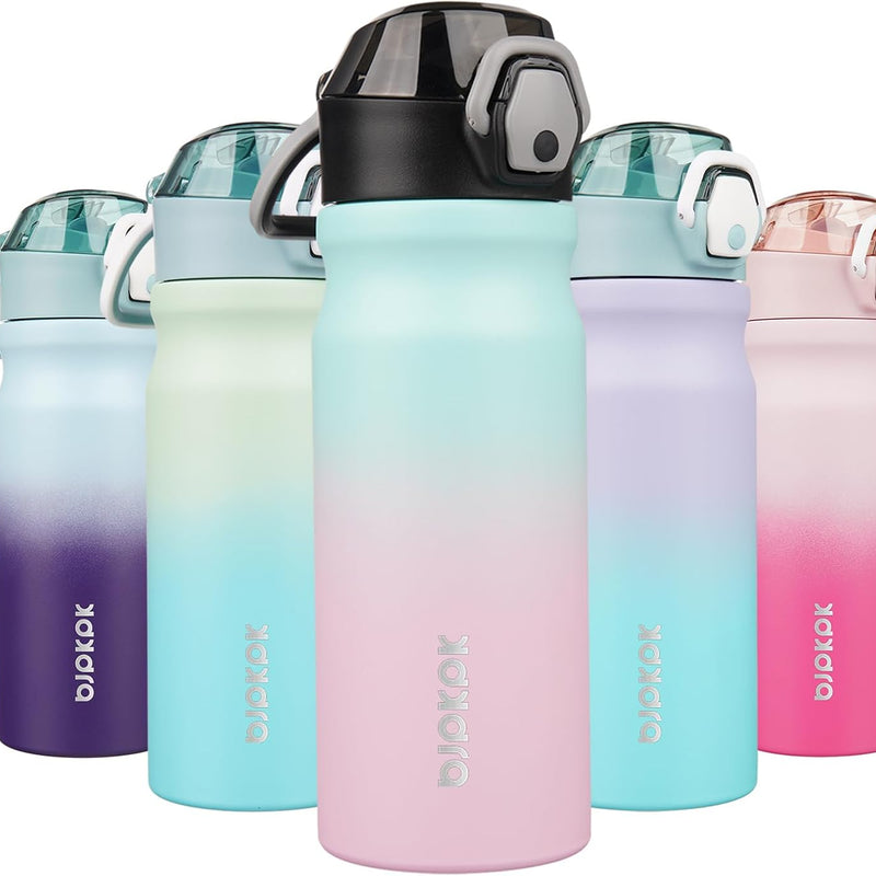 BJPKPK 18 oz Water Bottle with Straw & Handle, Insulated Stainless Flask | Leak Proof Locking Lid, Thermal, Double Wall Vacuum, Keeps Hot/Cold, BPA Free, Dishwasher Safe, Travel & Sports, Bubble Gum