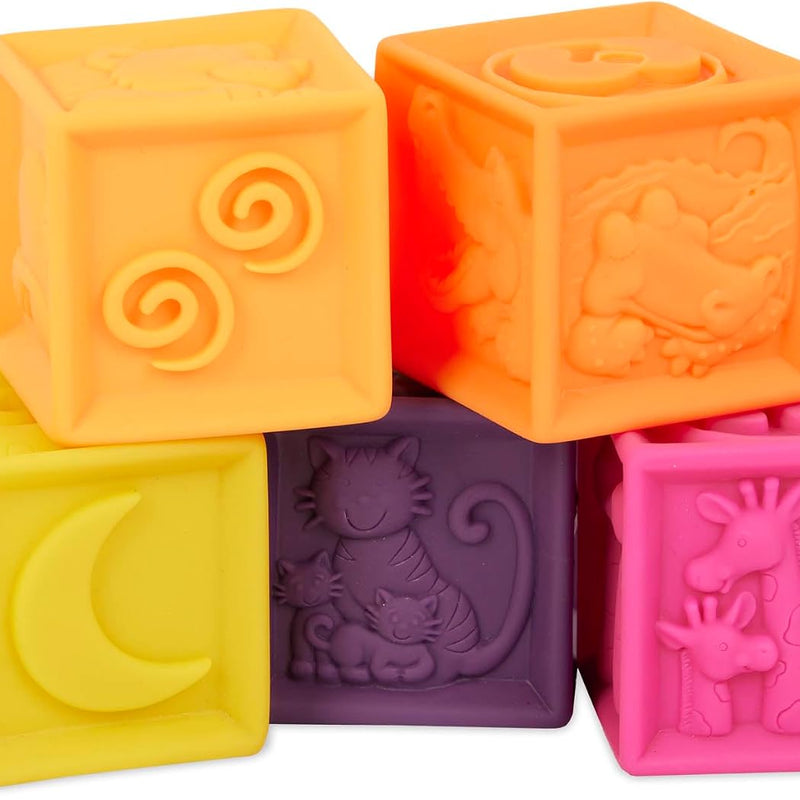 B. toys, One Two Squeeze Soft Building Blocks, 10 Pack, Blocks - 1, Baby | 10 soft blocks with numbers, shapes, colors, and animals; textured block play with reusable bag, Blocks - 1, Baby; 6+ Months