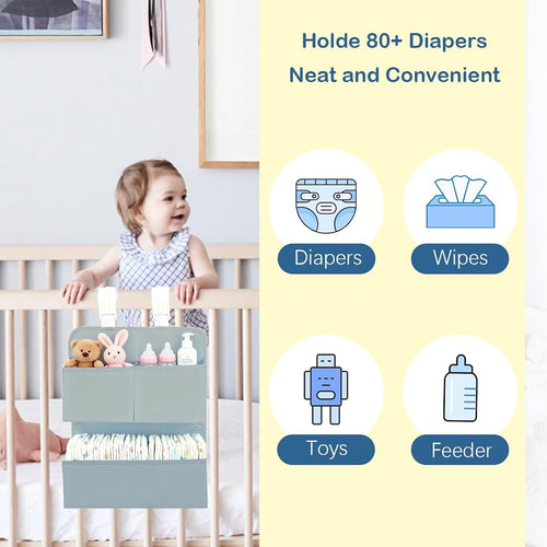 Hanging Diaper Organizer for Bassinet/Crib/Playpen/Playard – Hold 80+ Diapers - Changing Table Diaper Holder Attachment Accessories- Diaper Stacker Nursery Caddy Organizer (Gray)