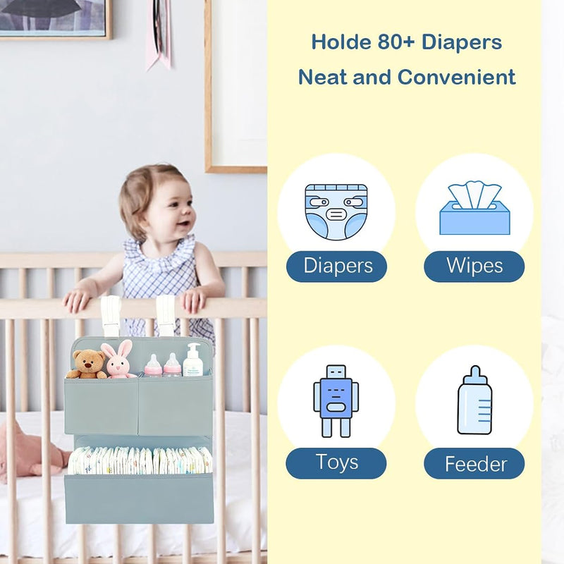 Hanging Diaper Organizer for Bassinet/Crib/Playpen/Playard – Hold 80+ Diapers - Changing Table Diaper Holder Attachment Accessories- Diaper Stacker Nursery Caddy Organizer (Gray)