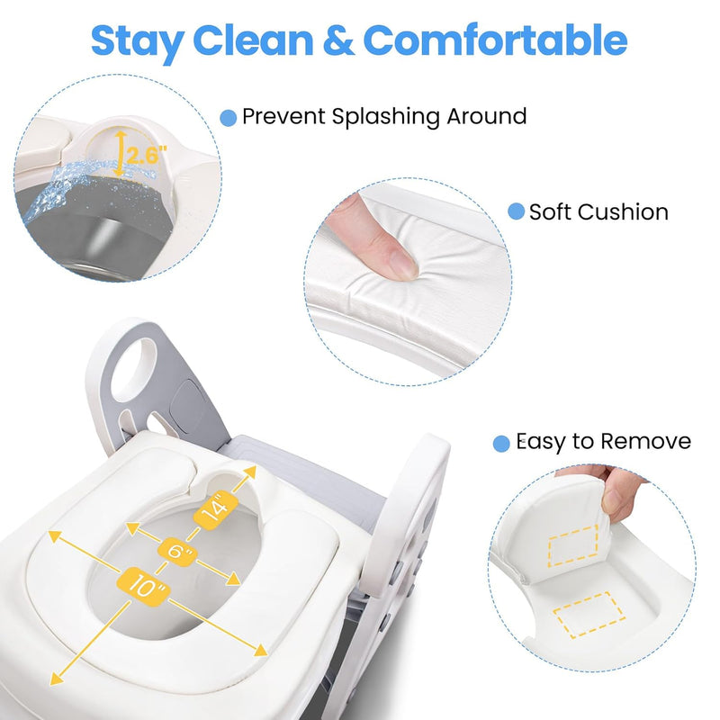 Potty Training Toilet, 2-in-1 Stable Potty Seat with Step Stool | Adjustable Seat and Step Height, Extra Wide Step, Anti-Slip Pad, Splash Guard, for Boys and Girls, Grey