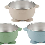 PandaEar 3 Pack Stainless Steel Baby Suction Bowls, Non-Slip Child Food Bowl with Silicone Sleeve for Kids Toddlers Infants, Unbreakable & Mess Free (Blue Green Beige)