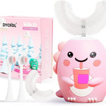 DYCROL Kids U-Shaped Electric Toothbrush with 4 Brush Heads, 5 Cleaning Modes, Cartoon Dinosaur Design, IPX7 Waterproof