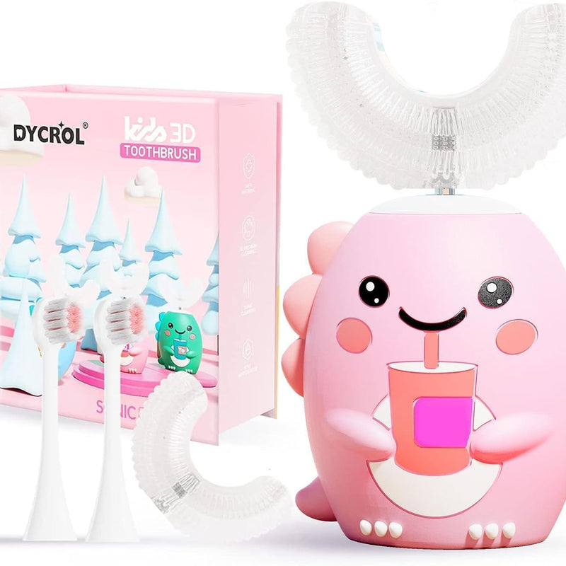 DYCROL Kids U-Shaped Electric Toothbrush with 4 Brush Heads, 5 Cleaning Modes, Cartoon Dinosaur Design, IPX7 Waterproof