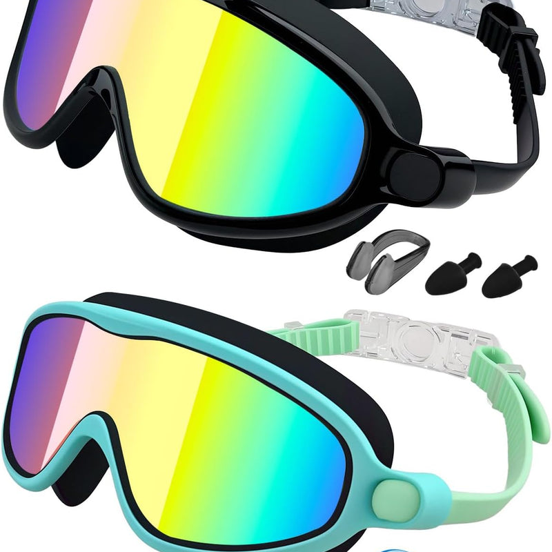 Swim Goggles 2 Pack, Wide View Anti Fog&UV Swimming Goggles for Audlt, No Leak Pool Beach Essentials for Men Women