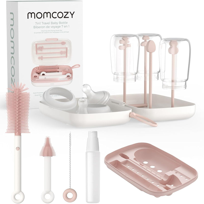 Momcozy 7-in-1 Baby Bottle Brush Set with Drying Rack, Pink | Silicone Nipple Straw Brushes, Soap Dispenser Storage Box, Foldable Drain Rack, Portable Bag, BPA-Free, Home & Travel