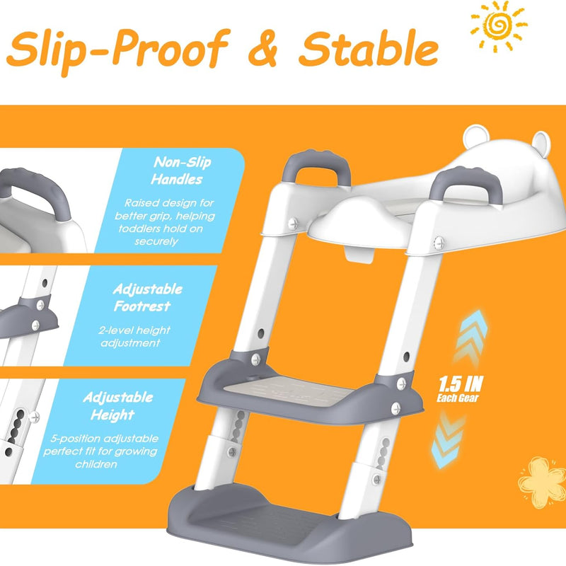 HBTower Potty Training Seat with Step Stool Ladder & Safety Handles,Grey | Foldable Toddler Toilet Seat with Splash Guard for Boys and Girls, Comfortable Kids Potty Cushion & Anti-Slip Pads