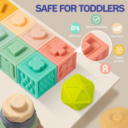 Jyusmile Montessori Baby Toy Set for 6-12 Months, Soft Infant Teething Toys, Stacking Blocks, Sensory Balls