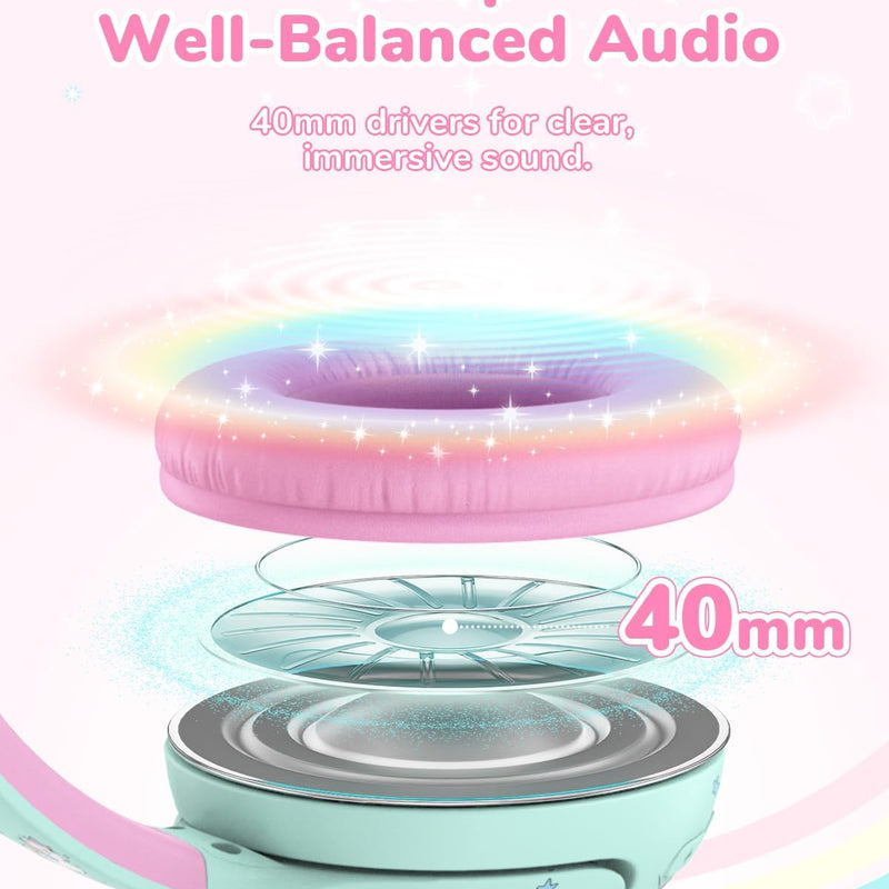 iClever BTH27 Toddler Headphones for 2+ Year Old Baby Kids Travel Study | SafeSound Tech3.0, 74H Playtime, Bluetooth 5.4, BPA Free, Aux, Soft Baby Headphones, Easy Operation, Adjustable, Green/Pink