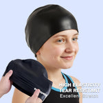 2pcs Silicone Swim Cap for Kids 6-14, High Elasticity Comfortable Non-Slip Swimming Cap for Girls & Boys, Durable Waterproof Swim Hats for Long and Short Hair, Keep Hair Dry