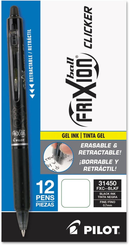 Pilot, FriXion Clicker Erasable Gel Pens, Fine Point Pens 0.7 mm, Pack of 12, Black