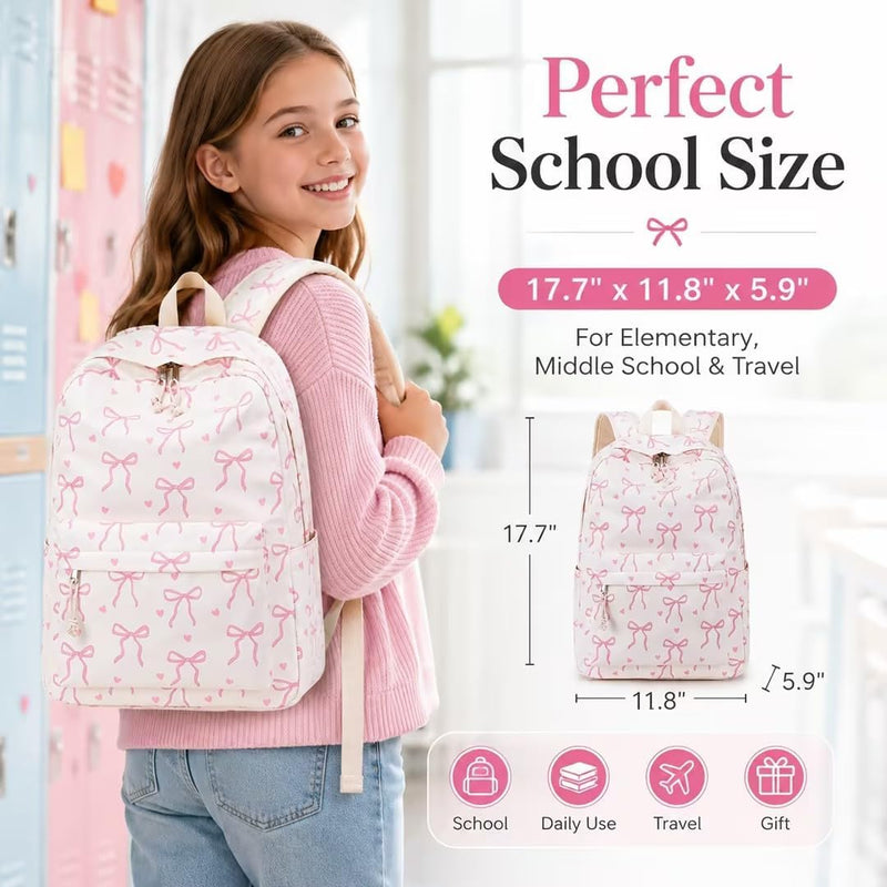 LOIDOU Backpack for Girls School Backpacks Bookbags for Elementary Middle School Women Laptop Backpacks (Bow tie Beige, L-17)