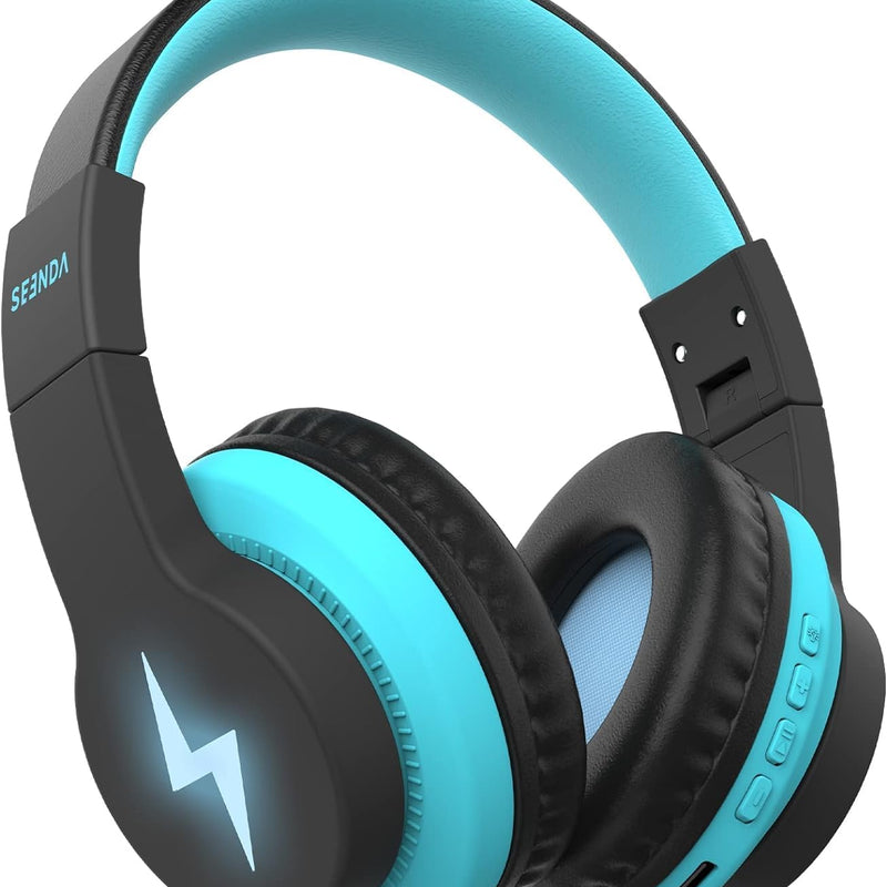 seenda JCH-01 Kids Bluetooth Headphones, 85/94dB, 3 Light Modes,Black&Blue | 75H playtime, soft padded fit, mic & AUX cord, stickers & doodle fun kids love; Wireess Headphones for school, travel, iPad.