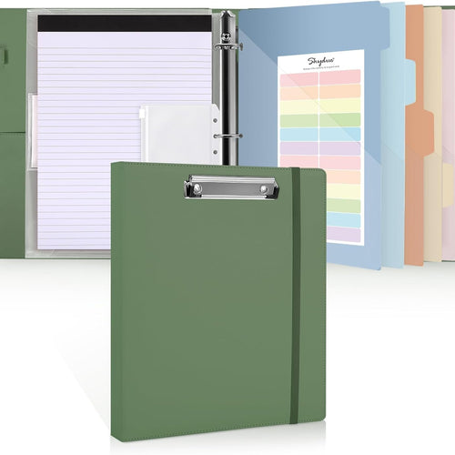 SKYDUE 3 Ring Binder with Clipboard, 13.2" × 10.2" Faux Leather 1 Inch Binder Organizer with 5 Pocket Dividers, Notepad, Labels & 2 Storage Pockets for Teachers, Students, Nurses & Office Work