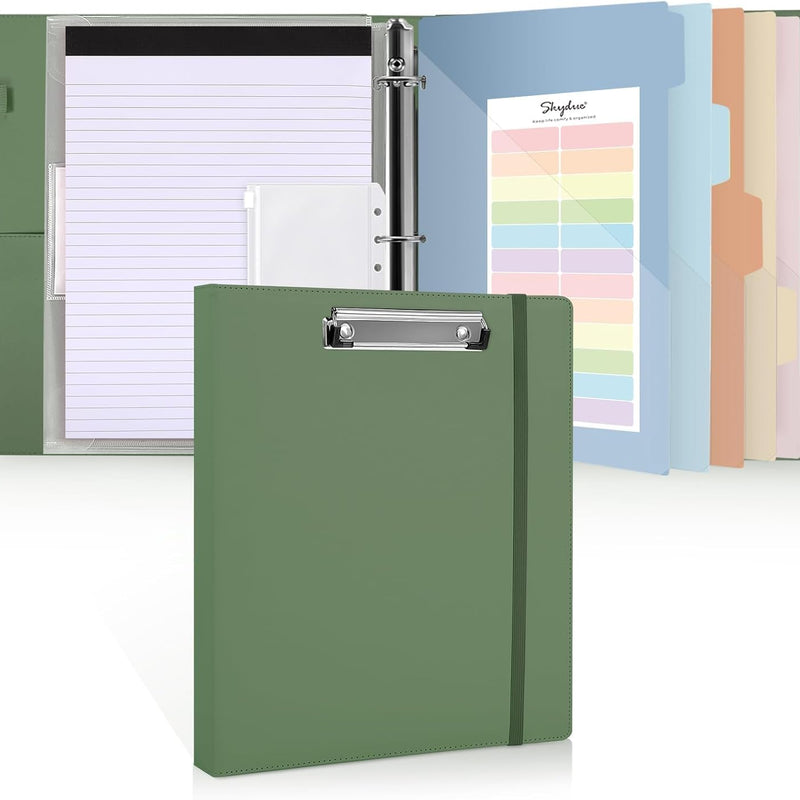 SKYDUE 3 Ring Binder with Clipboard, 13.2" × 10.2" Faux Leather 1 Inch Binder Organizer with 5 Pocket Dividers, Notepad, Labels & 2 Storage Pockets for Teachers, Students, Nurses & Office Work