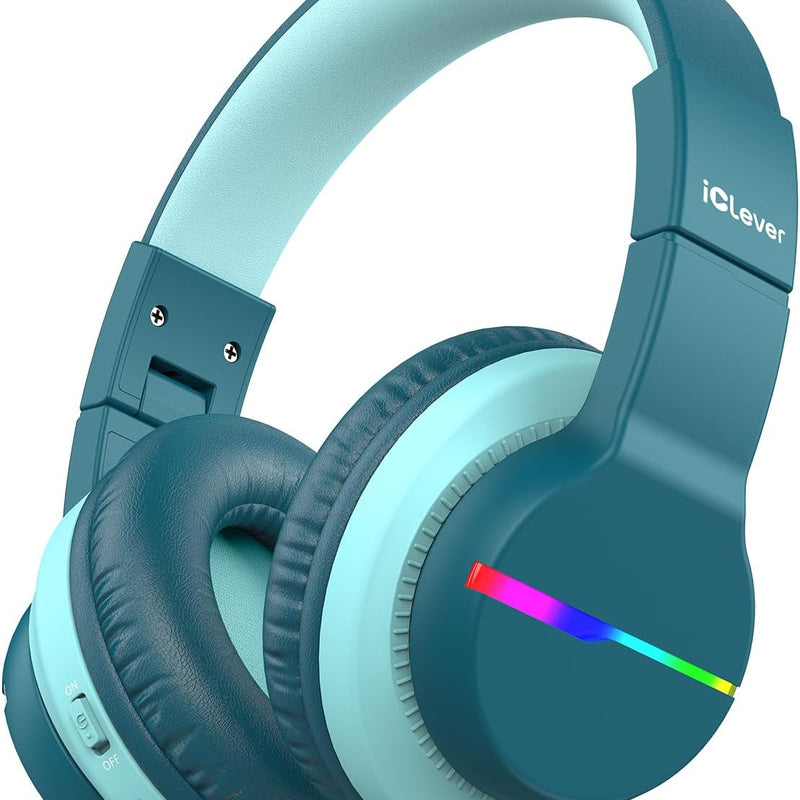 iClever BTH12 Kids Bluetooth Headphones 85H Playtime with LED Lights Travel | SafeSound Tech, Stereo Sound, USB C Charging AUX Cable Over Ear Built-in Mic, Kids Wireless Headphones for Toddler Boys Girls