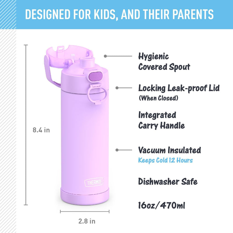 THERMOS FUNTAINER Water Bottle with Spout, 16oz, Neon Purple | Kids Stainless Steel Insulated Water Bottle, Keeps Drinks Cold Longer for School & Play, BPA-Free