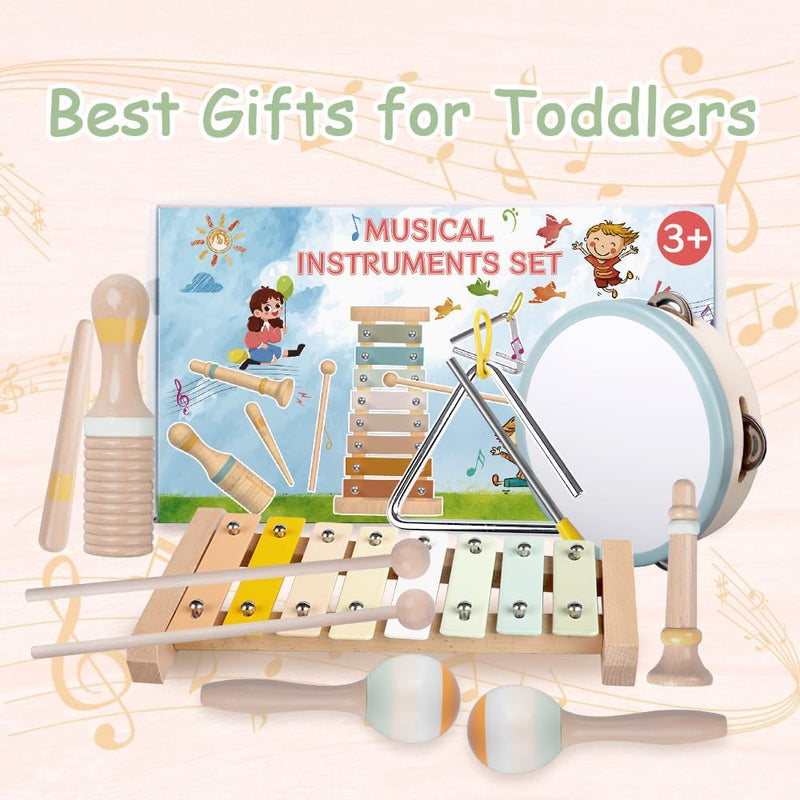 Montessori Wooden Toys: Toddler Musical Instruments Set with Boho Xylophone, Safe for Kids 3+
