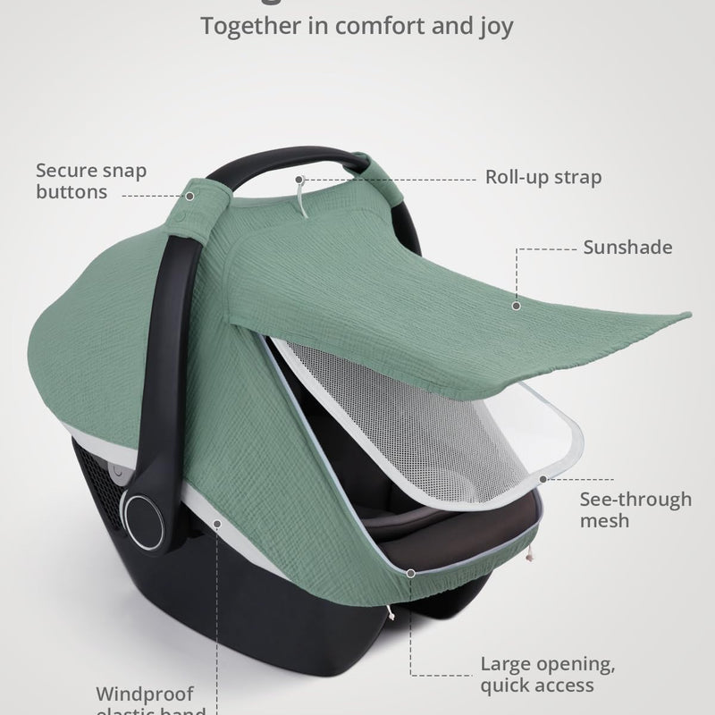 Blissful Diary Baby Car Seat Cover, Extra Large Mesh Window, Breathable Muslin Cotton, Infant Windproof Canopy, Must-Have Baby Gift - Roman Green