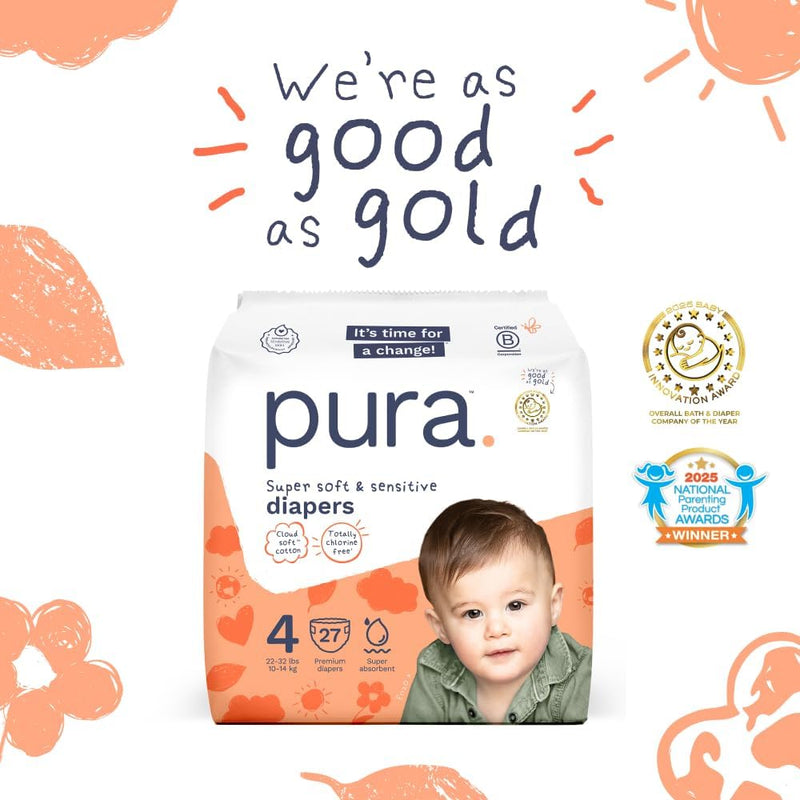 Pura Baby Diapers Size 4 (22-32 lbs) 108 Count Sensitive Skin | 12 Hour Leak Protection, New Blowout Blocker, Cloud Soft, Totally Chlorine Free*, Allergy UK Certified