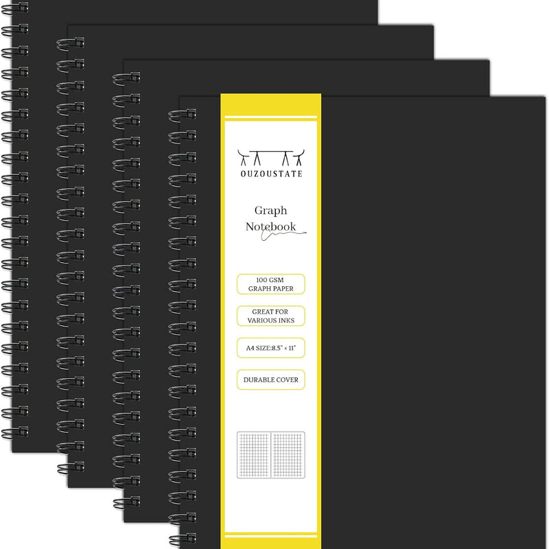 Lined Spiral Notebook A4 Large Black Journal 8.5" x 11"-4 Pack 7mm College Ruled Hardcover Notebooks 160 Pages 100GSM Thick Paper for Note Taking School Office Supplies