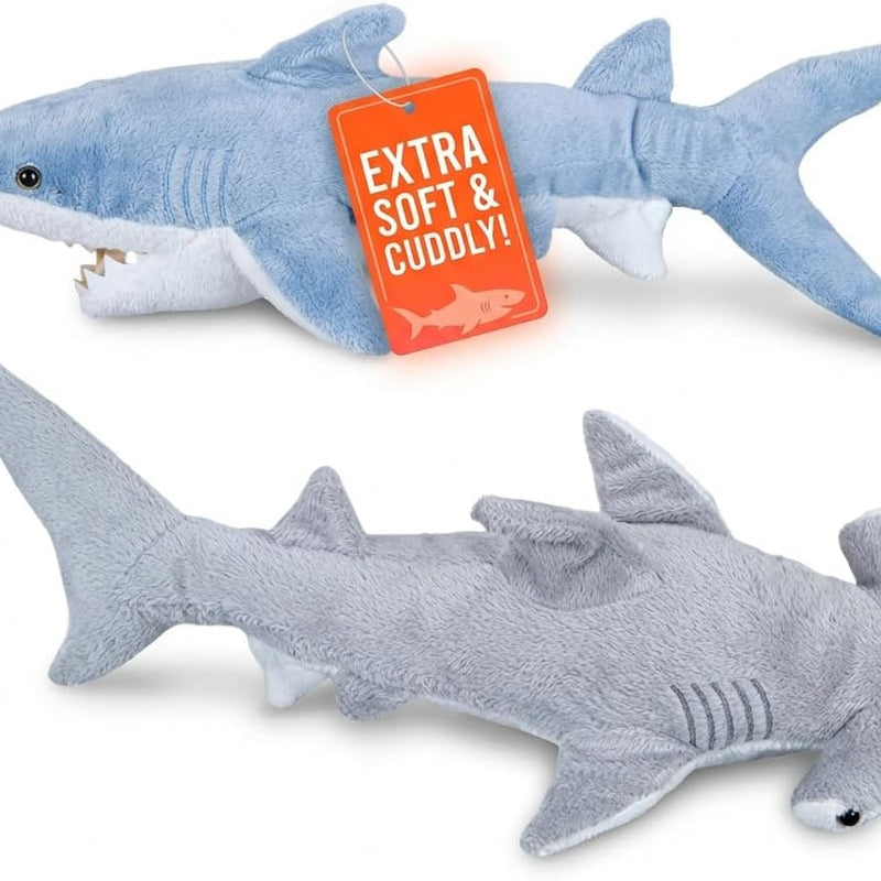 Bedwina Stuffed Animal Sharks - Pack of 2 Large, 14 inch Mako & 13 inch Hammerhead Plush Shark Toys, Stuff Animals Toy, for Baby Toddlers & Kids