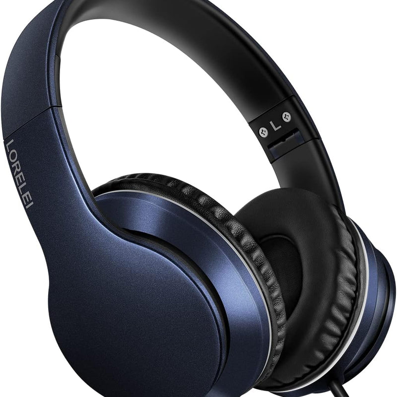 LORELEI X6 Over-Ear Wired Stereo Bass Headphones with Microphone, Lightweight, Foldable & Portable with 1.45M No-Tangle for Smartphone, Tablet, MP3/4, Space Black