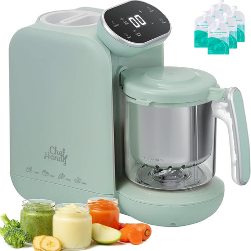 Chefhandy 5-in-1 Baby Food Maker with Stainless Steel Steam Basket, Green | One-step baby food processor with BPA-free food-contact parts, 6 reusable pouches, and recipe guide for homemade baby meals.