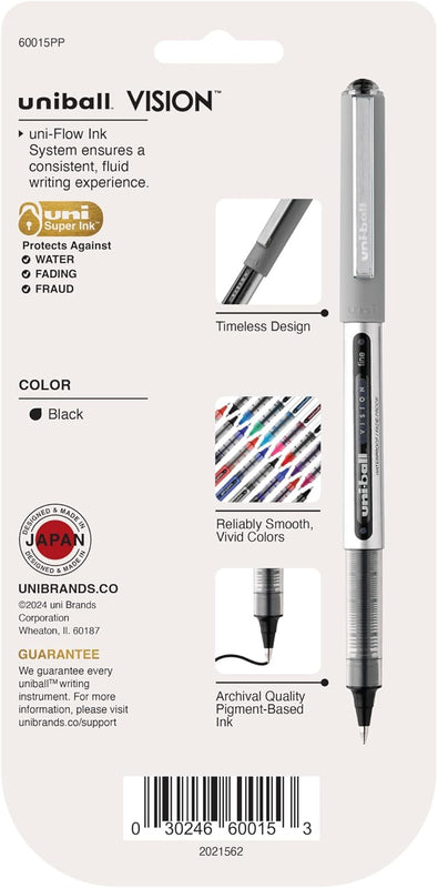 uni-ball Vision Stick Roller Ball Pens, Fine Point, Black Ink, Pack of 4